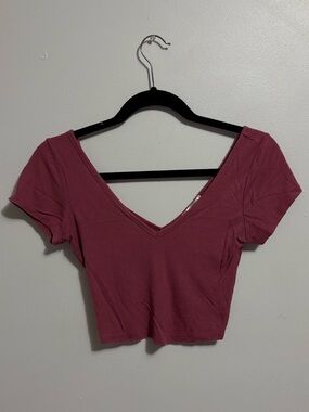 Ribbed V-Neck Crop Top - Dusty Rose